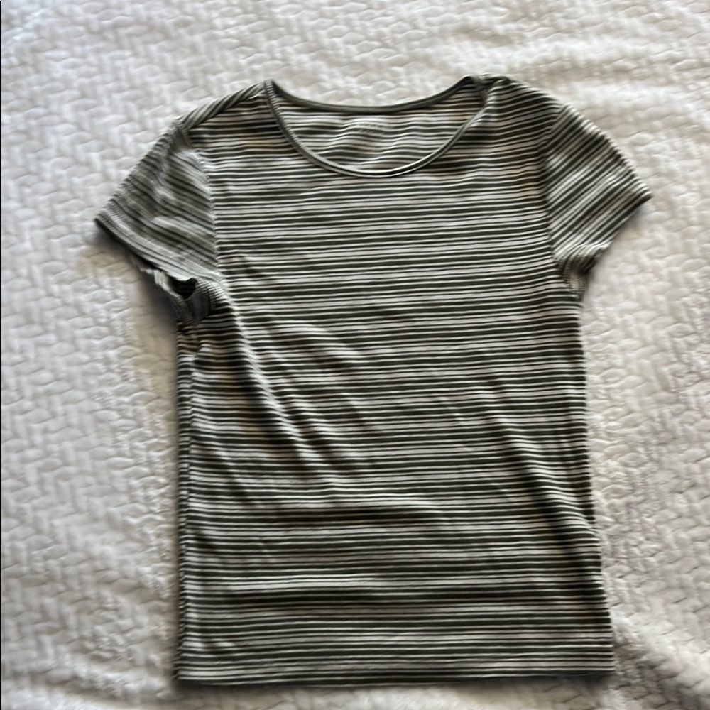 American Eagle Outfitters Gray and White Fitted Short Sleeve Tee